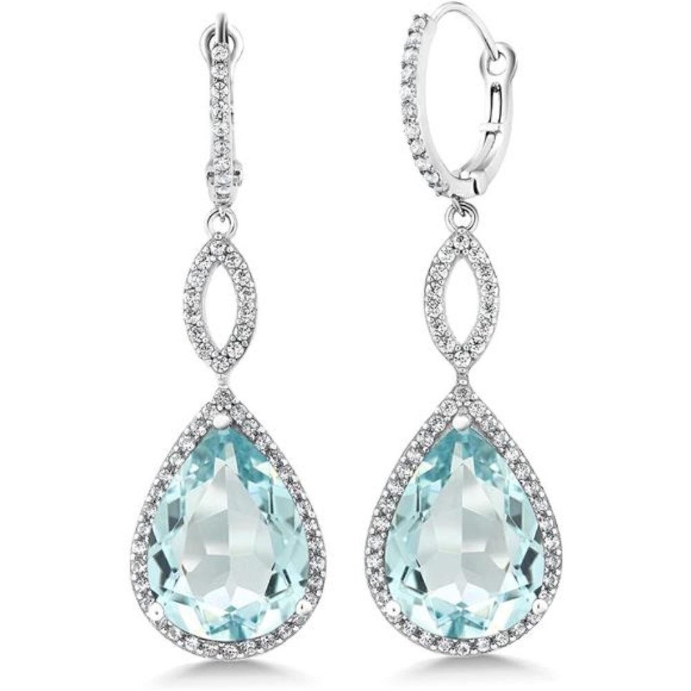 20.0 Ct Tw Sterling Silver 925 Aquamarine Bridal Chandelier Teardrop Earrings